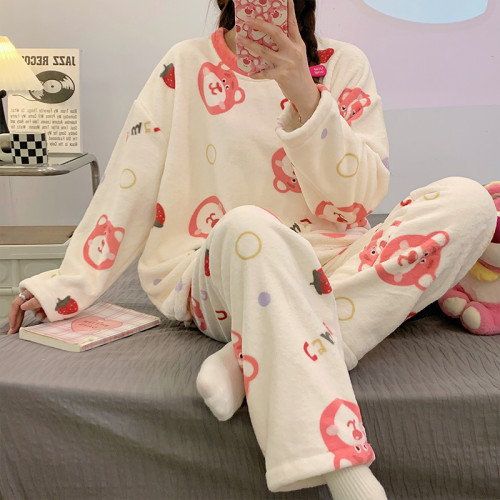 秋冬季新款睡衣女款保暖珊瑚絨加絨加厚休閒可外穿家居服冬天套裝