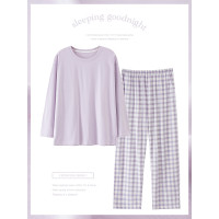 純棉睡衣女款春秋2025年新款圓領長袖長褲大碼套頭格子家居服套裝