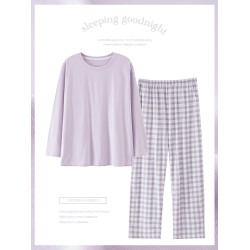 純棉睡衣女款春秋2025年新款圓領長袖長褲大碼套頭格子家居服套裝