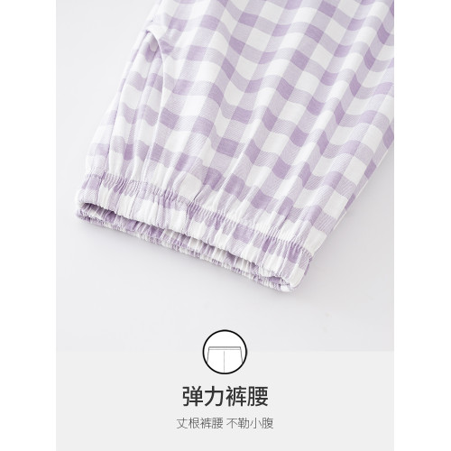 純棉睡衣女款春秋2025年新款圓領長袖長褲大碼套頭格子家居服套裝