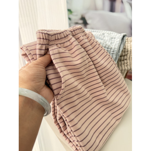 薄絨德絨睡褲女秋冬長褲加絨加厚磨毛寬鬆直筒條紋軟糯單獨家居褲