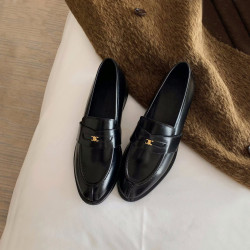 全牛皮~復古風小金釦真皮樂福鞋女圓頭平底單鞋一腳蹬粗跟小皮鞋