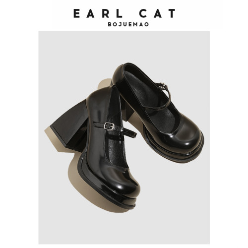 伯爵貓增高跟瑪麗珍鞋女2026春秋新款粗跟jk單鞋黑色真皮小皮鞋子