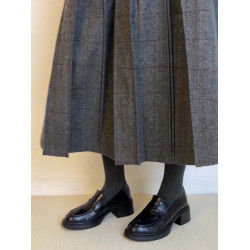 羊皮~復古通勤真皮圓頭厚底粗跟樂福鞋女黑色氣質小皮鞋中跟單鞋