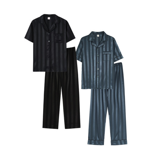 芝桃鳥2026新款冰絲短袖長褲情侶睡衣男士條紋絲綢女款家居服夏季