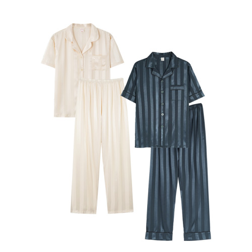 芝桃鳥2026新款冰絲短袖長褲情侶睡衣男士條紋絲綢女款家居服夏季