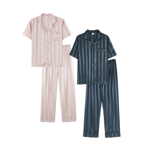 芝桃鳥2026新款冰絲短袖長褲情侶睡衣男士條紋絲綢女款家居服夏季