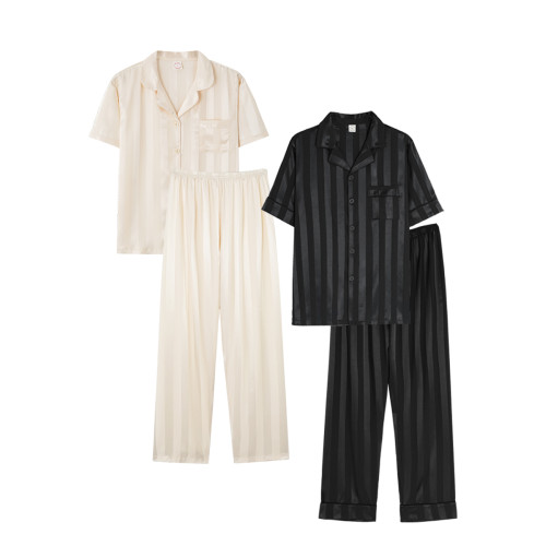 芝桃鳥2026新款冰絲短袖長褲情侶睡衣男士條紋絲綢女款家居服夏季