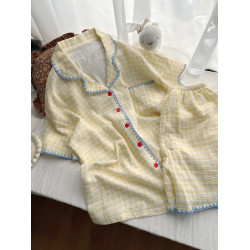 日系ins慵懶風睡衣女款短袖2025新款可愛網紅家居服套裝黃色格子