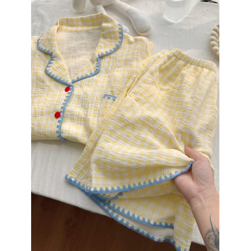 日系ins慵懶風睡衣女款短袖2025新款可愛網紅家居服套裝黃色格子