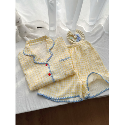 日系ins慵懶風睡衣女款短袖2025新款可愛網紅家居服套裝黃色格子