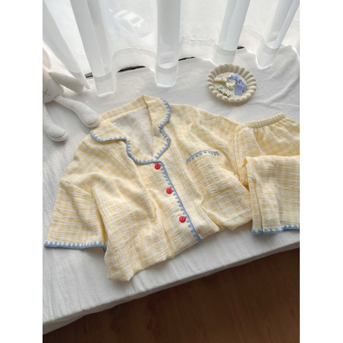 日系ins慵懶風睡衣女款短袖2025新款可愛網紅家居服套裝黃色格子