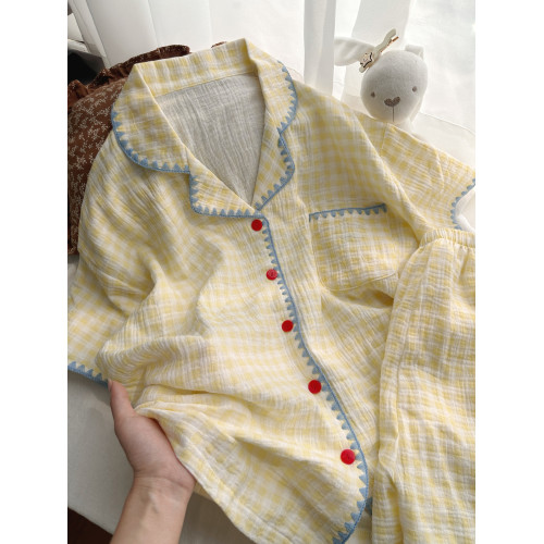 日系ins慵懶風睡衣女款短袖2025新款可愛網紅家居服套裝黃色格子