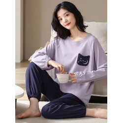 帕蘭朵純棉睡衣女春秋季2025新款全棉長袖圓領束口休閒家居服套裝