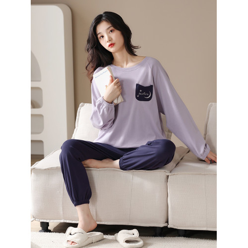 帕蘭朵純棉睡衣女春秋季2025新款全棉長袖圓領束口休閒家居服套裝