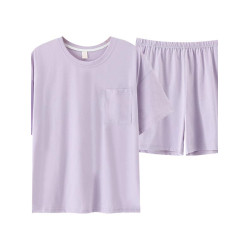 純色睡衣女夏純棉短袖短褲薄款寬鬆加大碼夏天無印家居服套裝休閒