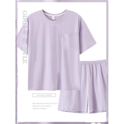 純色睡衣女夏純棉短袖短褲薄款寬鬆加大碼夏天無印家居服套裝休閒