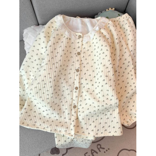 空氣夾棉睡衣女長袖秋冬款夾層加厚套裝日系碎花開衫家居服春秋季