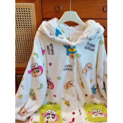 蠟筆小新同款睡衣冬季法蘭絨男女生加絨連帽卡通睡袍大碼家居服