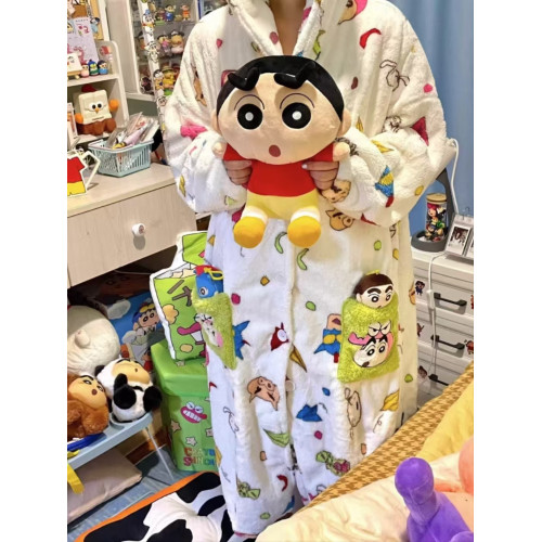 蠟筆小新同款睡衣冬季法蘭絨男女生加絨連帽卡通睡袍大碼家居服