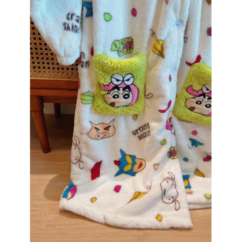 蠟筆小新同款睡衣冬季法蘭絨男女生加絨連帽卡通睡袍大碼家居服