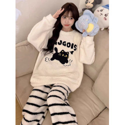 珊瑚絨可愛黑色貓睡衣女秋冬款2025新款半邊絨加厚冬季家居服套裝