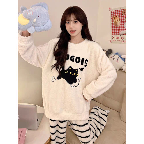 珊瑚絨可愛黑色貓睡衣女秋冬款2025新款半邊絨加厚冬季家居服套裝 珊瑚絨可愛黑色貓睡衣女秋冬款2025新款半邊絨加厚冬季家居服套裝