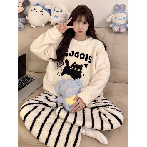 珊瑚絨可愛黑色貓睡衣女秋冬款2025新款半邊絨加厚冬季家居服套裝 珊瑚絨可愛黑色貓睡衣女秋冬款2025新款半邊絨加厚冬季家居服套裝