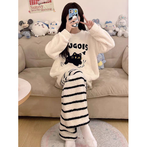 珊瑚絨可愛黑色貓睡衣女秋冬款2025新款半邊絨加厚冬季家居服套裝 珊瑚絨可愛黑色貓睡衣女秋冬款2025新款半邊絨加厚冬季家居服套裝