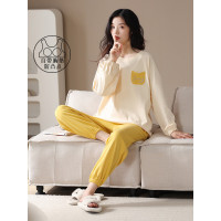 帕蘭朵帶胸墊睡衣女春秋季純棉長袖薄款束腳休閒可外穿家居服套裝