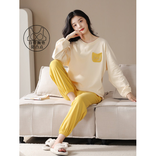 帕蘭朵帶胸墊睡衣女春秋季純棉長袖薄款束腳休閒可外穿家居服套裝