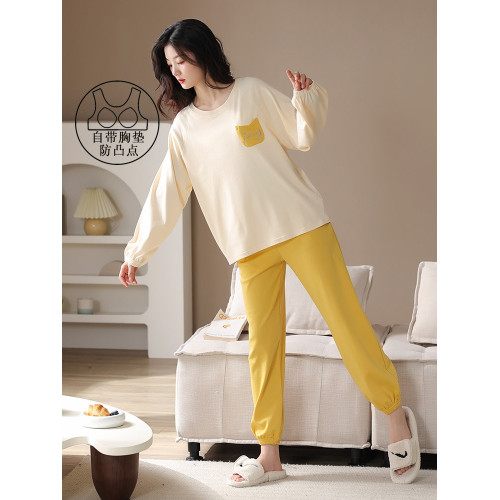 帕蘭朵帶胸墊睡衣女春秋季純棉長袖薄款束腳休閒可外穿家居服套裝