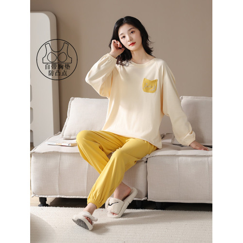 帕蘭朵帶胸墊睡衣女春秋季純棉長袖薄款束腳休閒可外穿家居服套裝