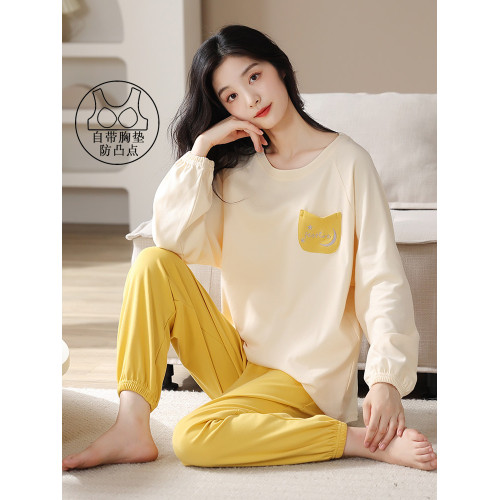 帕蘭朵帶胸墊睡衣女春秋季純棉長袖薄款束腳休閒可外穿家居服套裝