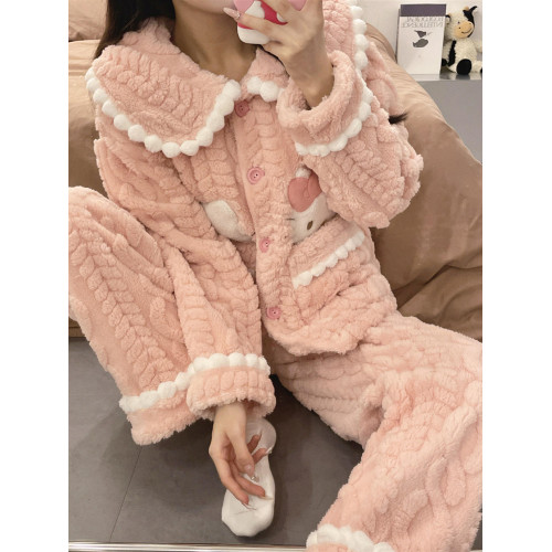 睡衣女秋冬季款珊瑚絨加絨加厚可愛卡通少女大碼法蘭絨家居服套裝