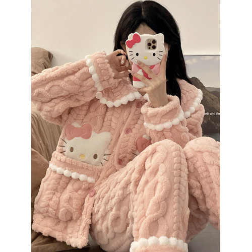 睡衣女秋冬季款珊瑚絨加絨加厚可愛卡通少女大碼法蘭絨家居服套裝