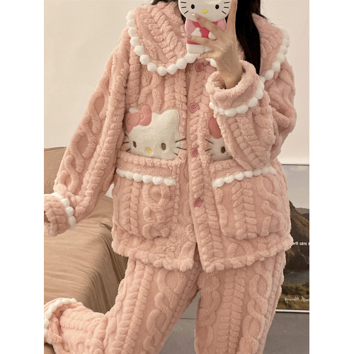 睡衣女秋冬季款珊瑚絨加絨加厚可愛卡通少女大碼法蘭絨家居服套裝