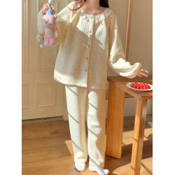 甜美波點睡衣女款秋冬季空氣棉夾層加厚保暖高級感家居服套裝大碼