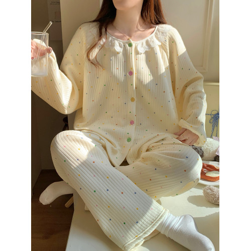 甜美波點睡衣女款秋冬季空氣棉夾層加厚保暖高級感家居服套裝大碼 甜美波點睡衣女款秋冬季空氣棉夾層加厚保暖高級感家居服套裝大碼