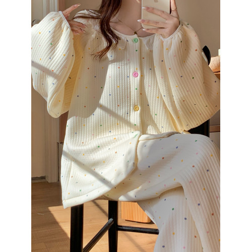 甜美波點睡衣女款秋冬季空氣棉夾層加厚保暖高級感家居服套裝大碼 甜美波點睡衣女款秋冬季空氣棉夾層加厚保暖高級感家居服套裝大碼