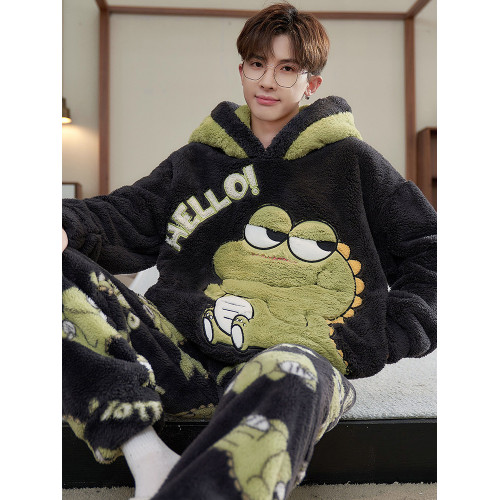 睡衣男冬季珊瑚絨加厚加絨青少年初中學生卡通加大碼法蘭絨家居服