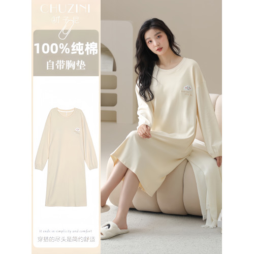 睡裙女秋季純棉帶胸墊長袖全棉秋冬季女士雅淡睡衣秋女款2026新款