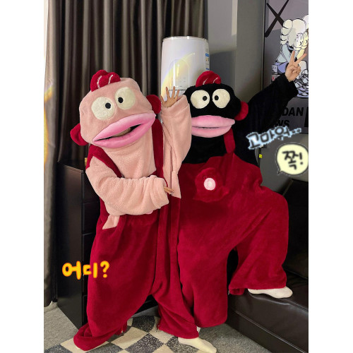 漢頓醜魚情侶睡衣女秋冬季珊瑚絨搞怪卡通連體睡袍男款加厚一體式