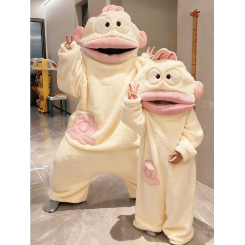 漢頓醜魚情侶睡衣女秋冬季珊瑚絨搞怪卡通連體睡袍男款加厚一體式