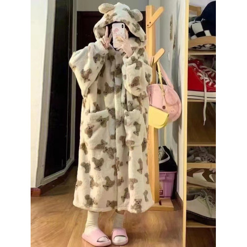 秋冬季2025新款睡衣女珊瑚絨保暖卡通小熊外袍加絨加厚睡袍家居服