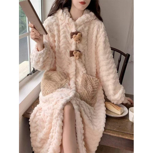 秋冬季2025新款睡衣女珊瑚絨保暖卡通小熊外袍加絨加厚睡袍家居服