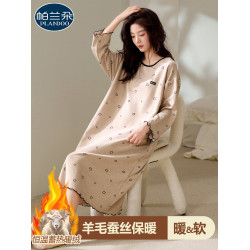 磨毛德絨睡衣女士睡裙秋冬季羊絨蠶絲保暖時尚中長款連衣裙家居服