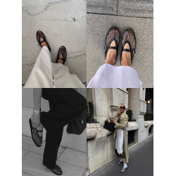 牛皮版~涼鞋一字釦帶芭蕾舞鞋女滿鑽平底鞋鏤空瑪麗珍單鞋漁網鞋