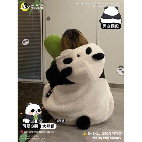 情侶睡衣女冬季加厚加絨珊瑚絨可愛連體熊貓長款睡袍大碼男家居服