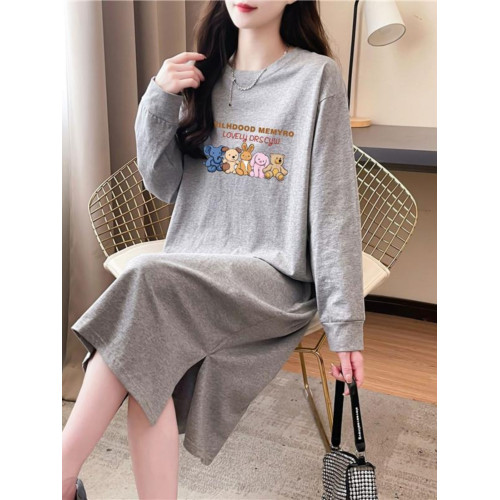 100%純棉睡裙女春秋冬長袖長款過膝寬鬆顯瘦可外穿全棉睡衣家居服